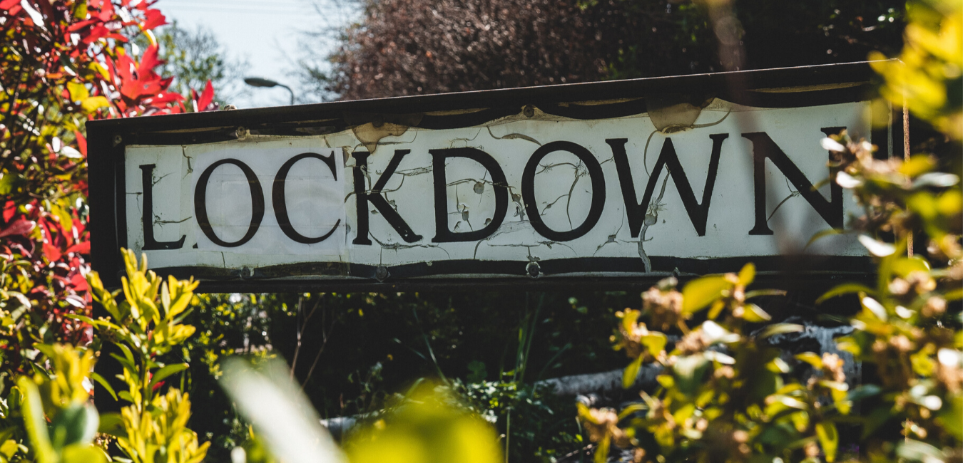 Street sign amongst leaves that reads Lockdown