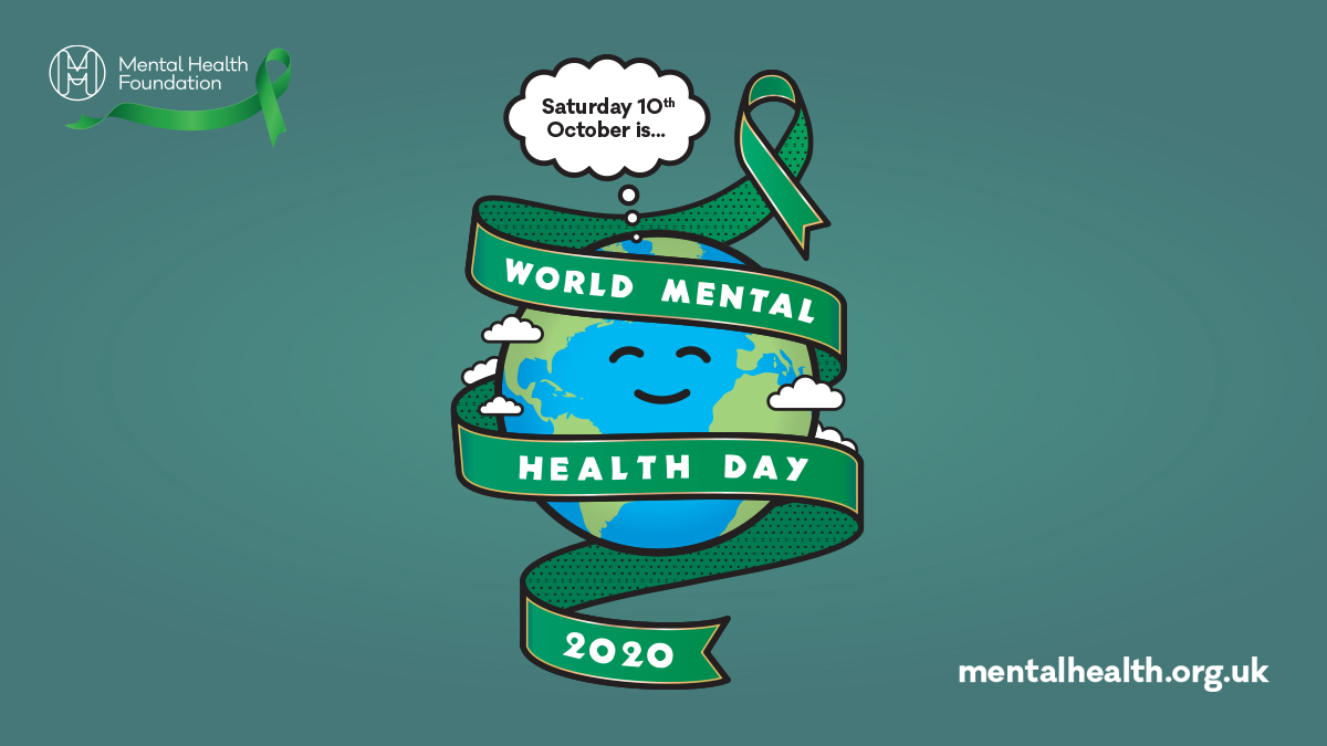 Drawing of the earth wrapped in a green ribbon with words World Mental Health Day 2020